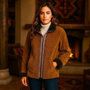 Wooly Bully Wear M Boho Brown Chenille Aztec Faux Fur Cabincore Zip Jacket USA